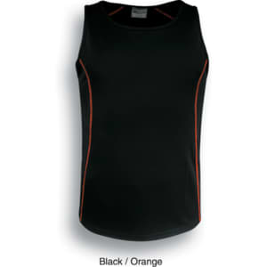 A black and orange ladies singlet with contrasting side stripes and a rounded hemline. It features a logo on the chest.