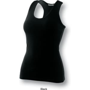 A black ladies gym singlet featuring a racerback design and a fitted cut. Contains a logo.