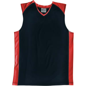 A men's basketball singlet featuring a black body with red sleeves and a logo on the chest.