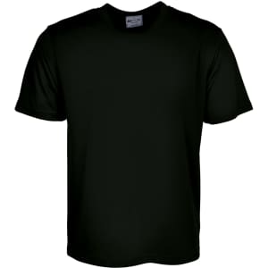A plain black micromesh T-shirt for unisex adults, featuring a round neckline and short sleeves.