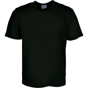A plain black micromesh T-shirt featuring short sleeves and a round neckline, with a label.