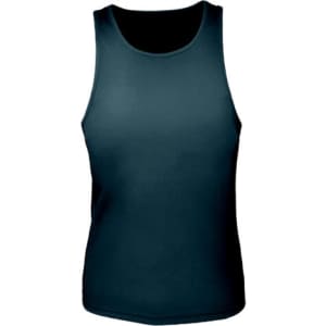 A men's brushed action back singlet in dark blue with a fitted design and a logo on the front.