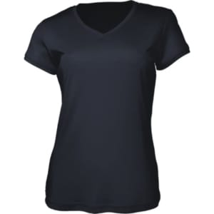A ladies brushed v-neck tee shirt in black, featuring a slim fit and short sleeves. The shirt has a logo.