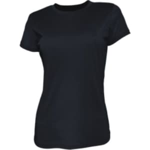 A black ladies' brushed tee shirt with a classic fit and short sleeves. It features a logo on the front.