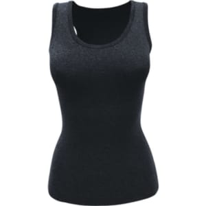 A fitted black ladies singlet with a bra insert, featuring a scoop neck and a soft fabric texture.