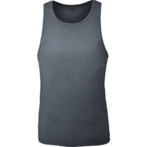 A men's athletics singlet in a dark grey colour, featuring a simple design and a logo.