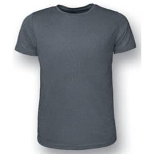 A grey kids' T-shirt with short sleeves and a round neckline, featuring a logo.
