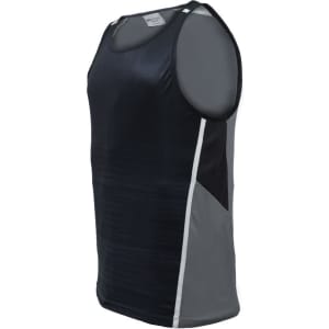 A unisex adults sublimated panel singlet in dark navy and grey, featuring a logo and a sporty design.