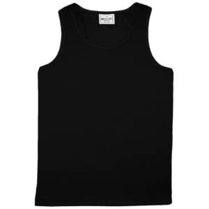 A black micromesh singlet featuring a simple design and a label at the neck.