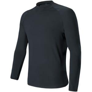 A long-sleeved black rashie with a high collar and raglan sleeves, featuring a logo on one side.