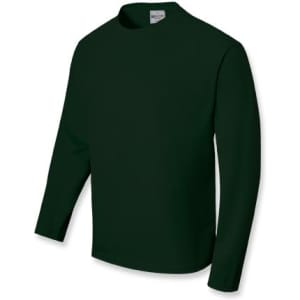 A green unisex long sleeve tee shirt with a crew neckline. It features a logo on the label.