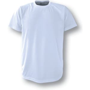 A plain white sublimation T-shirt with a round neck and short sleeves, featuring a logo on the label.