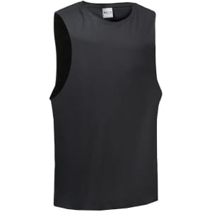 A unisex black tank top with sleeveless design, featuring a simple style and logo.