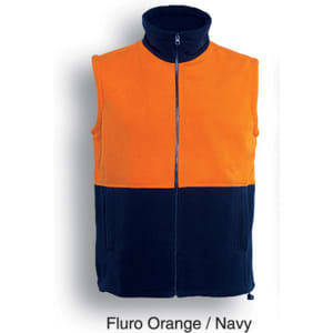 A Hi-Vis polar fleece vest in fluro orange and navy, featuring a full zip and high collar. It has a logo.