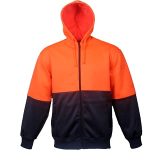 A hi-vis full zip hoodie featuring a vibrant orange upper and navy lower section, with a hood and front pockets.