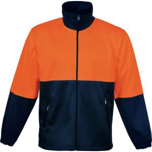 Unisex adults hi-vis full zip fleece in bright orange and navy, featuring a zip front and side pockets.