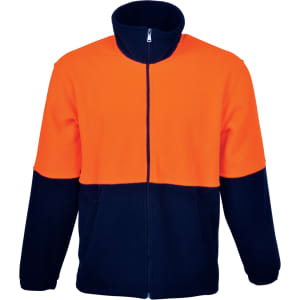 Unisex adults hi-vis full zip polar fleece in orange and navy blue, featuring a zip closure and pockets.