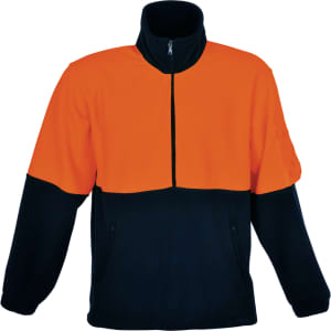 A unisex adults hi-vis 1/2 zip polar fleece in orange and navy, featuring a zip and a logo.