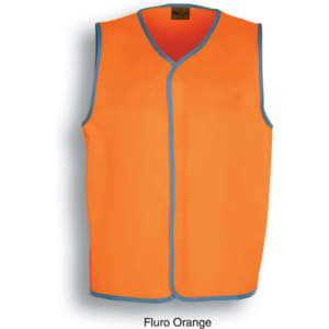 A high-visibility safety vest in fluro orange, featuring blue trim and a simple design. Includes a branding logo.