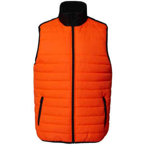 An orange high-visibility vest with a zip front and black trim, featuring two side pockets and a collar.