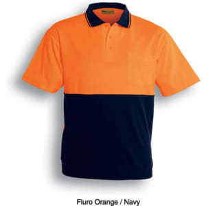 A Hi-Vis polo shirt in fluro orange and navy, featuring a pocket and a logo.