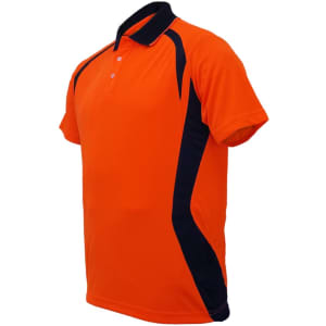 A hi-vis orange polo shirt with navy side panels and a collar, featuring a logo on the chest area.