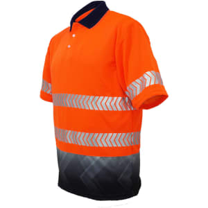 A bright orange short-sleeve polo shirt featuring reflective stripes and a navy collar, including a logo.