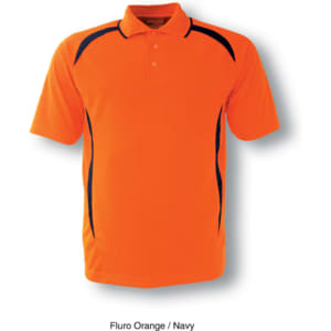 A bright fluro orange and navy polo shirt with a collar and short sleeves, featuring a logo.