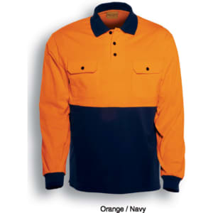 A long-sleeved hi-vis polo shirt in orange and navy, featuring a two-tone design and a logo.