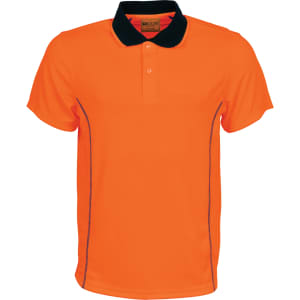 A hi-vis orange polo shirt with a black collar and stitched detailing. Includes a logo on the chest.