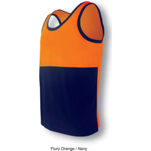 A Fluro Orange and Navy unisex work singlet with a contrasting design and a logo.