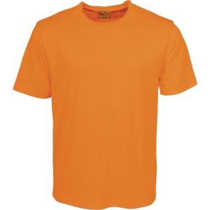 An orange plain round neck tee shirt with short sleeves and a logo on the label.