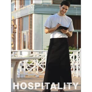 A man in a white t-shirt wears a black polyester drill apron with a pocket while holding a notepad.