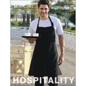A black polyester drill full bib apron without pockets, worn by a smiling man holding a tray with cups.