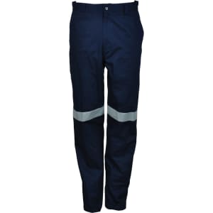 Navy work pants with reflective tape, featuring a button closure and a logo on the waistband.