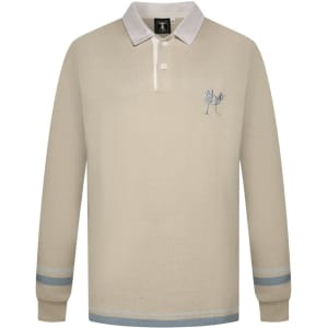 A beige sports jumper with a white collar and blue stripes on the sleeves, featuring a small logo on the chest.