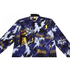 A vibrant blue and black jacket featuring a pattern of yellow lightning bolts and abstract designs. It has a logo on the collar.