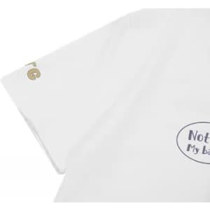 A white cotton t-shirt featuring a logo and printed designs on the front and sleeve.