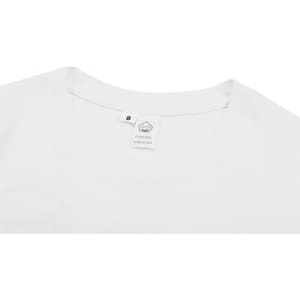 A white cotton t-shirt with a tag at the neckline, featuring a simple design. It includes a logo.
