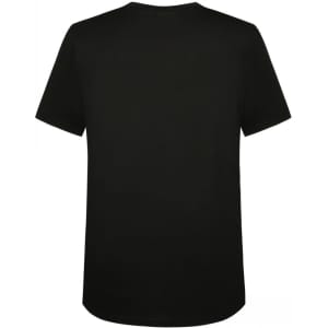 A black cotton Hawaiian shirt with a smooth texture and a round neckline, featuring no visible designs on the back.