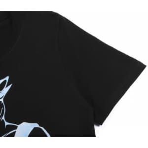 A black cotton t-shirt featuring a unique design on the front and a logo on the sleeve.