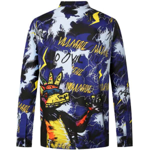 A colourful sports jumper featuring a vibrant design with blues, blacks, and yellows, and a logo on the back.