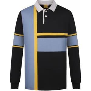 A long-sleeved sports jumper featuring a black, blue, and yellow geometric design with a collar and branding.