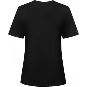 A black cotton t-shirt featuring a plain design with short sleeves and a logo on the side.
