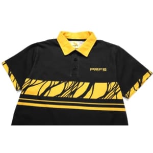 A black cotton Hawaiian shirt with yellow accents and a logo, featuring bold patterns on the sleeves.