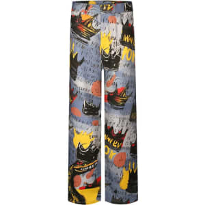 Colourful patterned pants featuring abstract designs in black, yellow, and grey, with a loose-fit style and an elastic waistband.