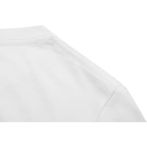 A white cotton t-shirt featuring a rounded neckline and shoulder seam detail. The shirt has a logo on it.