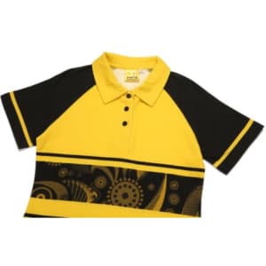 A yellow and black Hawaiian shirt with a patterned design and a polo collar, featuring a logo.