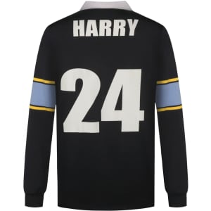 A black sports jumper with long sleeves, featuring a collar, a blue and yellow stripe, and a large number "24".