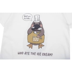 A white cotton t-shirt featuring a cartoon platypus wearing a chef's hat and apron, with the text "Who ate the ice cream?"